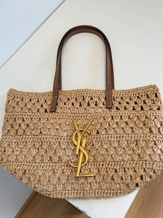 Yves Saint Laurent Handbags - YSL Tan Raffia Tote Gold Logo
